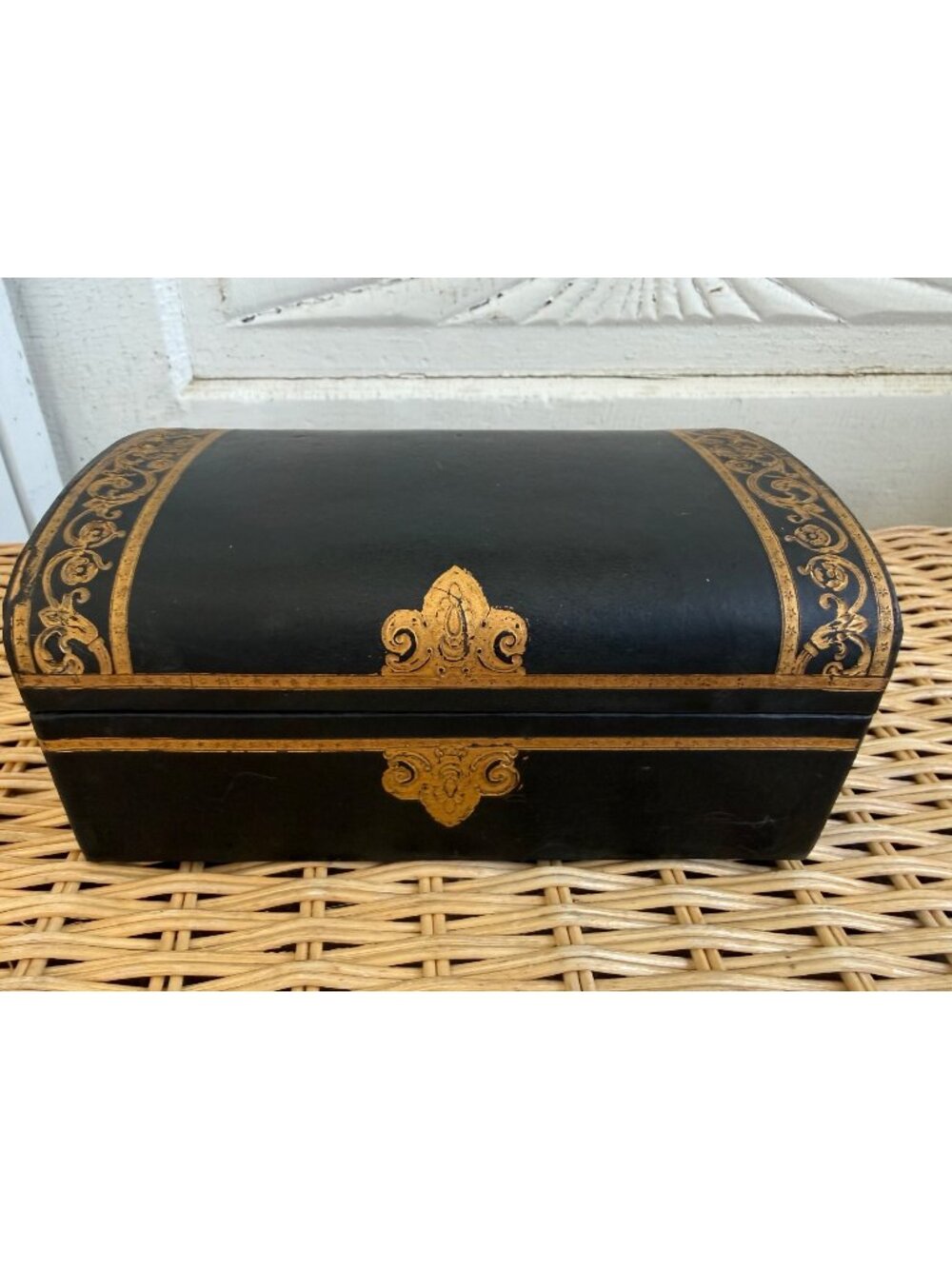Vintage 60s Swank Mens Jewelry Box Leather Style Chest Gold Painted Trim